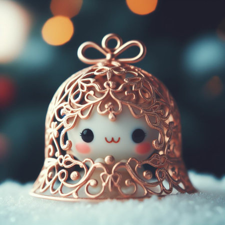 Christmas toy snowman on snow with bokeh lights background.の素材