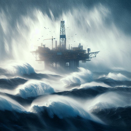 Oil and gas platform in the sea. Digital painting style illustration.の素材