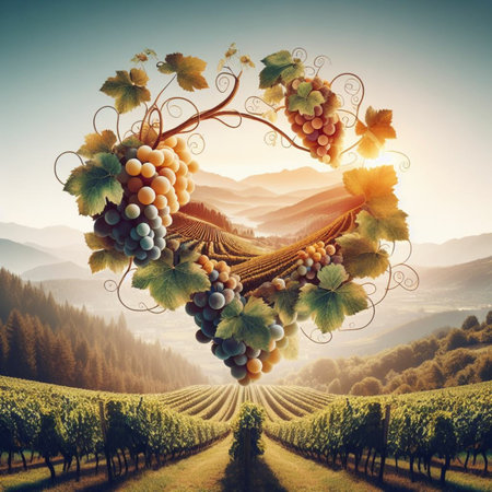 Vineyard landscape with vineyards in the shape of a heartの素材
