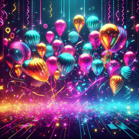 Party background with balloons and ribbons, 3d rendering. Computer digital drawing.の素材