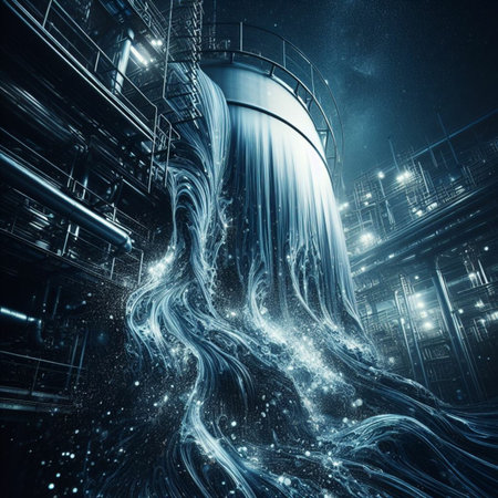 Industrial landscape with water tank and blue lights. 3d renderingの素材