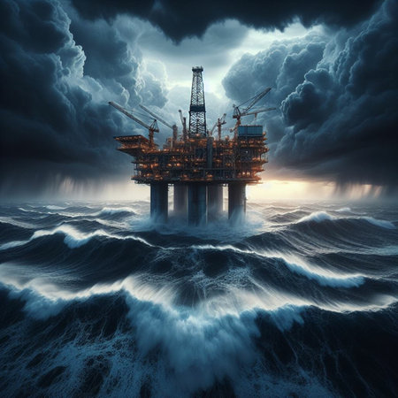 Offshore oil platform in stormy ocean. 3D illustration.の素材