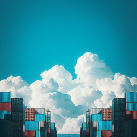 Contemporary cityscape with blue sky and clouds. 3D Renderingの素材