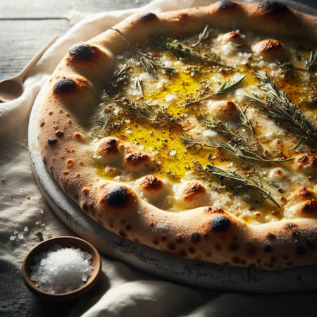 Pizza with olive oil and rosemary on wooden table, closeupの素材