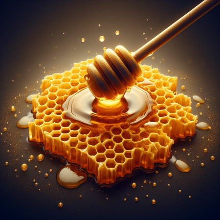 Honey dripping from a wooden honey dipper. 3d renderingの素材