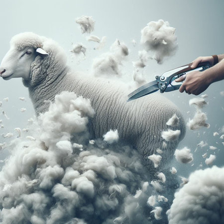 Sheep with a shears in the clouds. Shot in a studioの素材