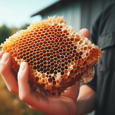 Honeycomb in the hands of a beekeeper. Selective focus. nature.の素材