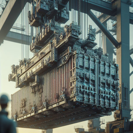 Industrial construction cranes and containers. 3d rendering toned imageの素材