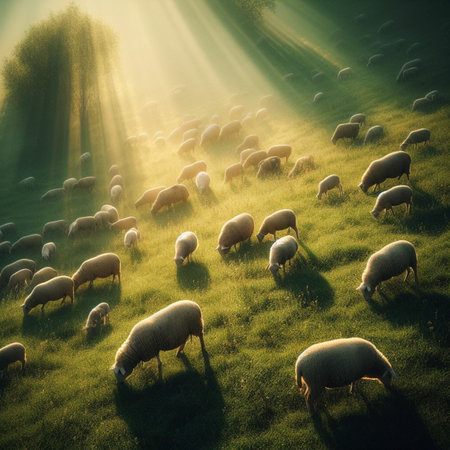 Flock of sheep grazing in the meadow in the rays of the morning sunの素材