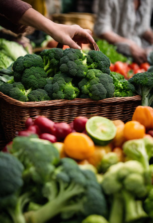 Close-up of a woman's hand holding a basket full of fresh vegetablesの素材