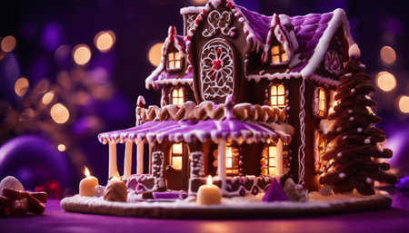 Gingerbread house in the shape of a Christmas tree on a purple backgroundの素材