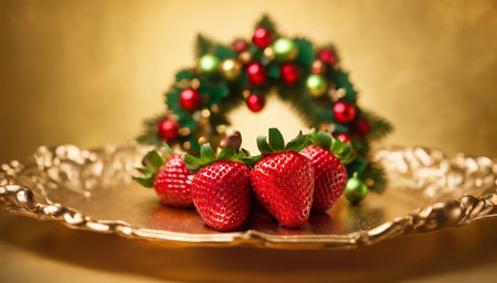 Strawberries and christmas wreath on a golden background.の素材