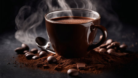 Cup of hot chocolate with cocoa powder and beans on dark backgroundの素材