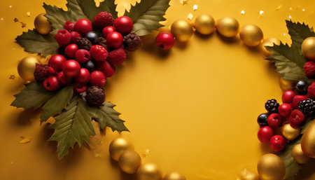 Christmas wreath of berries and golden baubles on yellow backgroundの素材