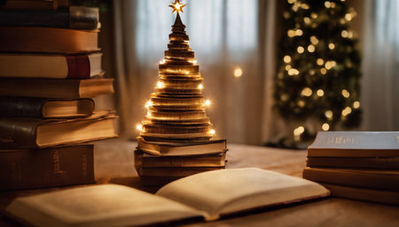 Christmas tree made of books on a wooden table. Selective focus.の素材