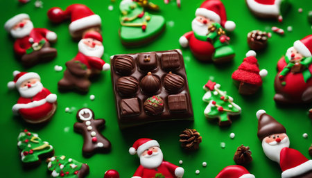 Assorted chocolate candies and santa claus on green backgroundの素材