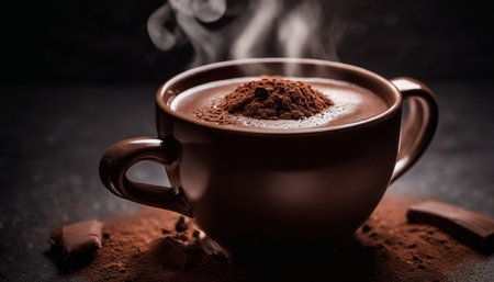 Cup of hot chocolate with steam and cocoa powder on dark backgroundの素材