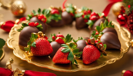 Strawberry and chocolate candies on golden plate with Christmas decorationの素材