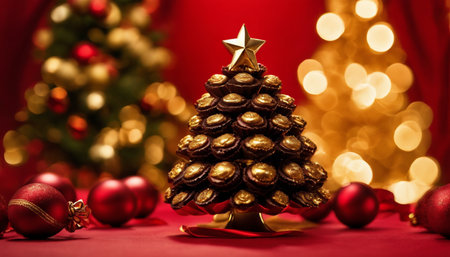 Christmas tree with ornaments and baubles on red backgroundの素材