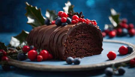 Chocolate cake with berries and holly leaves on a blue backgroundの素材