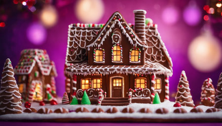 Gingerbread houses in the snow. Christmas and New Year backgroundの素材