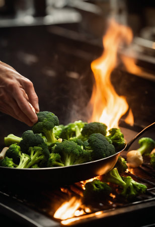 Close-up of female hands cooking broccoli in frying pan on fireの素材