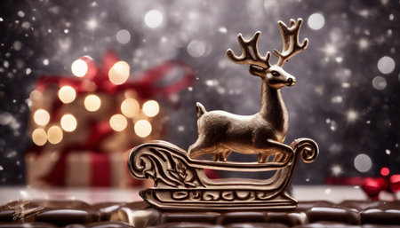 Christmas background with golden reindeer, gifts and bokeh lightsの素材