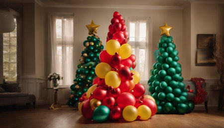 Christmas tree made of multicolored balloons on the floor in the living roomの素材