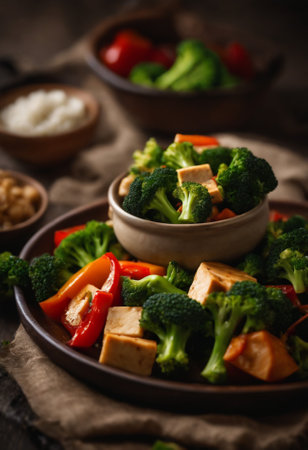 Vegetable salad with tofu, red bell pepper and green broccoli