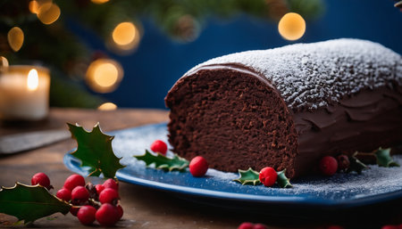 Chocolate bundt cake with icing sugar on a blue plate decorated with holly berry and Christmas lightsの素材