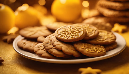 Christmas cookies on a plate on a golden background. Selective focus.の素材