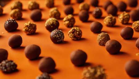 chocolate candies on orange background, close up, top viewの素材