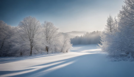 Beautiful winter landscape with snow covered trees and foggy sky.の素材
