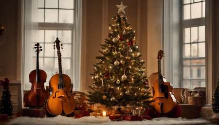 Christmas tree and music instruments in the interior of the living room.の素材
