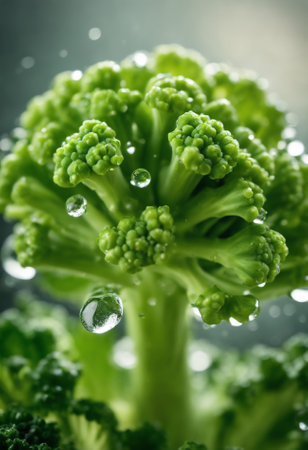 Close up of fresh green broccoli with water droplets on it.の素材
