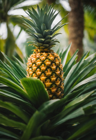 Pineapple on the tree. Tropical fruit in the garden.の素材