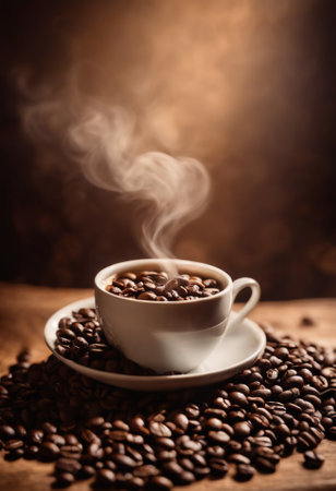 Coffee cup and coffee beans on wooden table with smoke backgroundの素材