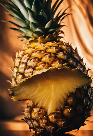 Pineapple fruit on a wooden background. Close-up.の素材
