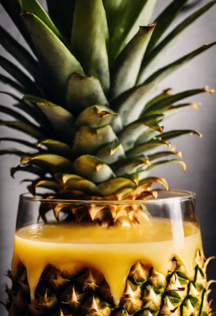 Pineapple smoothie in a glass on a dark background.の素材