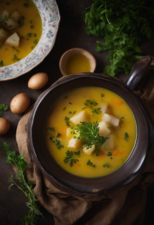 Soup with potato, carrot and parsley. Selective focusの素材