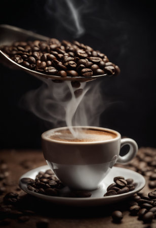 Coffee cup and saucer with coffee beans on dark backgroundの素材