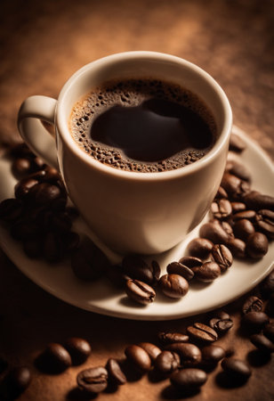 Coffee cup and coffee beans on wooden table. Toned.の素材