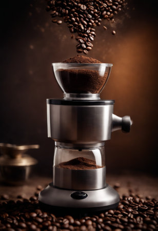 Coffee grinder with roasted coffee beans on dark brown backgroundの素材