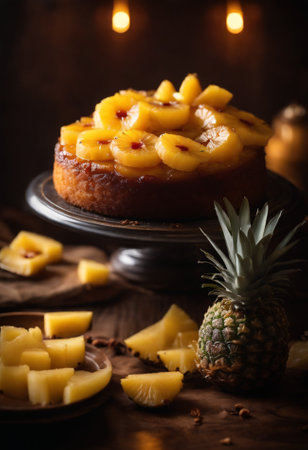 Pineapple cake on a wooden background. Selective focus.の素材