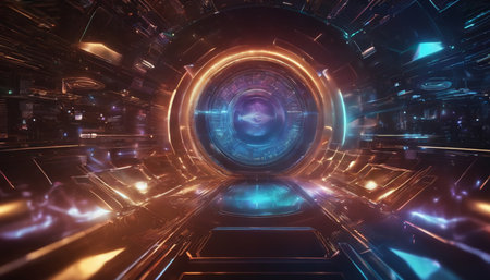 futuristic space tunnel corridor with glowing lights 3d rendering wallpaper backgroundの素材