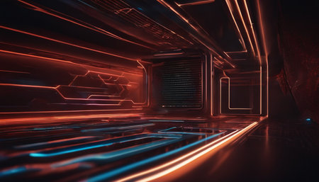 Futuristic sci-fi corridor with glowing lights 3D renderingの素材