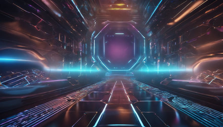futuristic scifi tunnel corridor with nice reflections 3d rendering wallpaper backgroundの素材