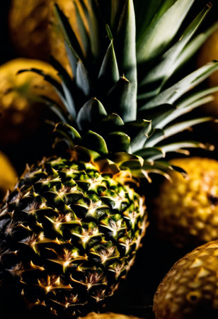 Pineapples and lemons on a black background. Selective focus.の素材