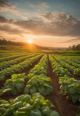 Sunset over the field of lettuce in the summer. Landscape.の素材