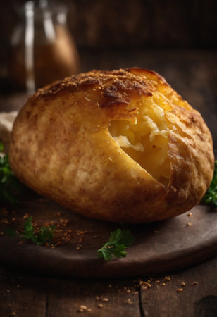 Baked potato with cheese and parsley on a wooden background.の素材